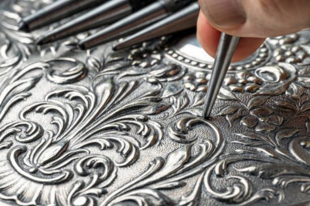Hand using a tool to engrave intricate patterns on metal
